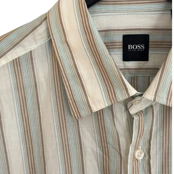 NWT HUGO BOSS Linen Blend Brown/Teal Striped Long Sleeve Shirt Men's XXL - Picture 2 of 9